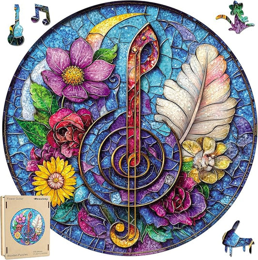 Wooden Puzzles for Adults, Flower Guitar Puzzle for Mom, Challenging Puzzle, 200 Piece Luxurious Shaped Wooden Puzzles for Family Game 11.2 * 11.2in