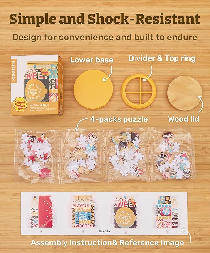 Chupa Chups X PieceRelax 3D Puzzle Jar 96 Plastic Pieces for Adults - Timeless Memories - Retro Fun M Use Includes Divider as Pen and Utensils Holder with Wooden Lid for Kitchen Dining Study [BB1044]