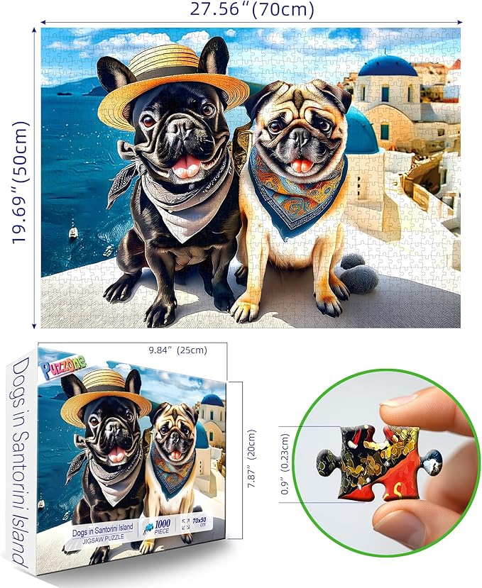 1000 Piece Jigsaw Puzzle for Adults Cute Fun Dog Vacation in Santorini Greece Scene Beautiful Landscape Puzzle Fun Bulldog Puzzle Games for Adults Night (70x50cm)