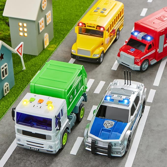 JOYIN 4 Pcs 7" Long Vehicle Toy Set, Toddlers Cars with Lights and Siren Sound, Including Play Police Car, School Bus, Garbage Truck, Ambulance, Birthday Party Gifts Toys for Boys 3-5
