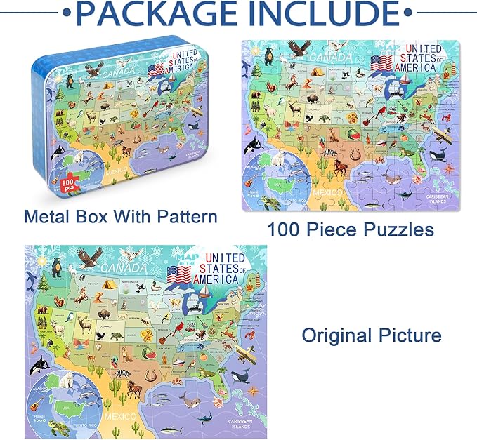 LELEMON Puzzles for Kids Ages 4-6,USA Map 100 Piece Puzzles for Kids Ages 4-8 in a Metal Box, Educational Jigsaw Puzzles 100 Piece Puzzle Games Puzzle Toys for Girls and Boys