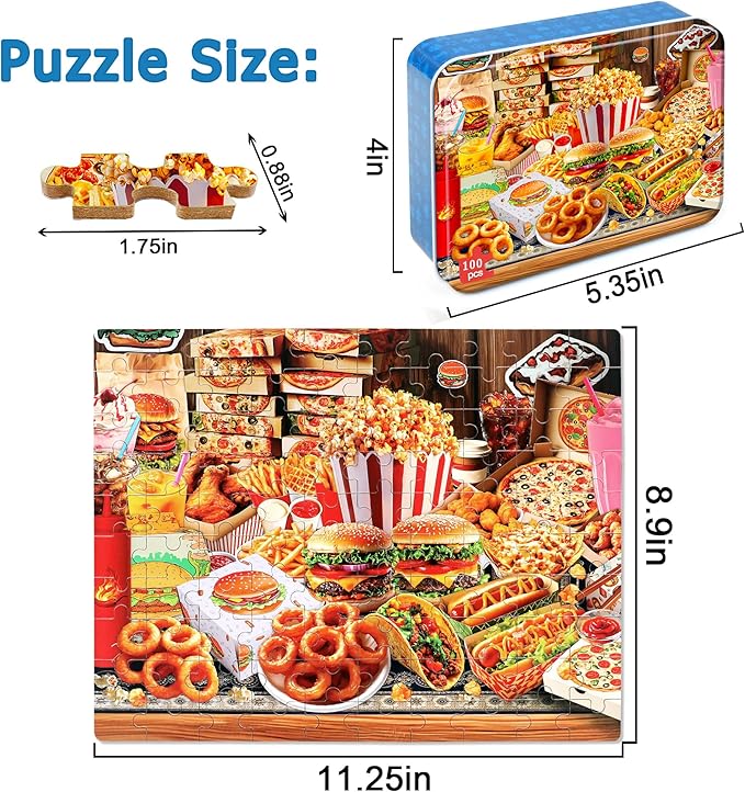 LELEMON Puzzles for Kids Ages 4-6,Hamburger Foods 100 Piece Puzzles for Kids Ages 4-8 in a Metal Box, Educational Jigsaw Puzzles 100 Piece Puzzle Games Puzzle Toys for Girls and Boys