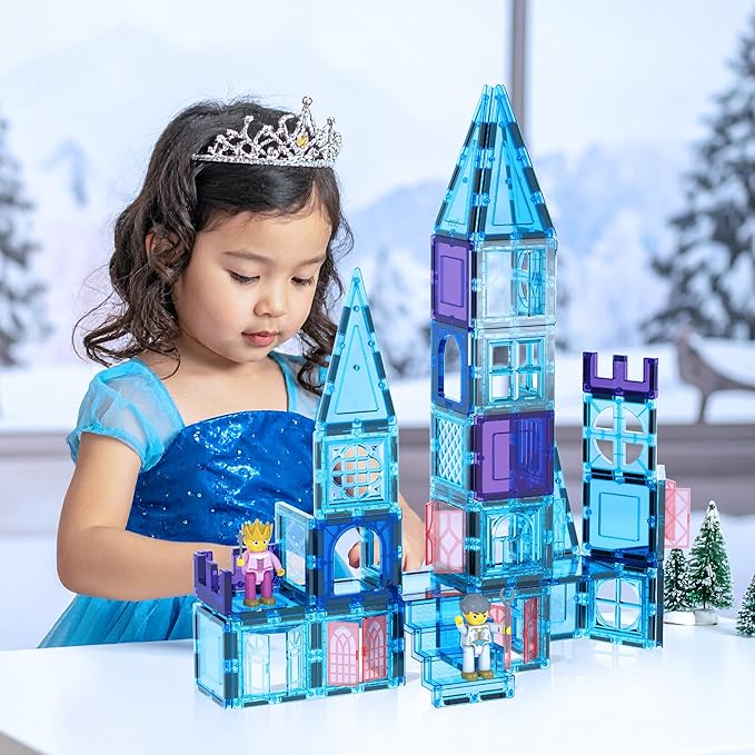 PicassoTiles 72 Piece Magnetic Building Tiles Castle Winter Ice Theme Construction Magnet Block Set with Princess Prince Character Stairs Windows Doors STEM Learning Educational Toy Kids Ages 3+ PT72