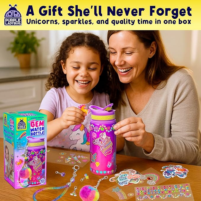 PURPLE LADYBUG Decorate Your Own Water Bottle Kit for Girls - Unicorn Design with Glitter Gem Stickers, Gifts for Girls Ages 5-8-10 Years Old Birthday, Fun Craft for Kids, Christmas Gifts Girl