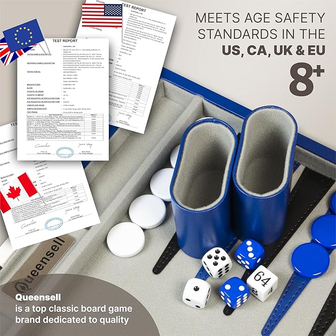 Backgammon Sets for Adults – 15-Inch PU Leather Board Game – Classic 2-Player Travel Backgammon Set with 32 Playing Pieces, Dice, and Cups