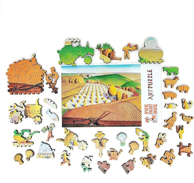 Wooden Puzzle for Adults - Uniquely Shaped Pieces - Made in The USA by FoxSmartBox - 242 Pieces - Fall Plowing