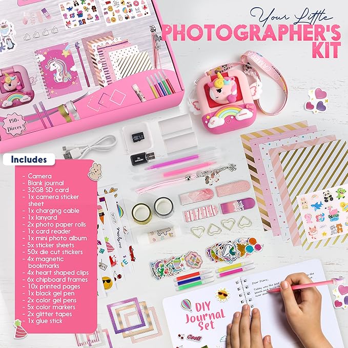 FINcredible Photomaker Kit - Instant Print Camera for Kids Plus DIY Journal Kit for Girls - 150 Pcs Tween Journal & Camera for Girls - 6 7 8 9 10 11 12 13 14 Year Old Girl (Unicorn)