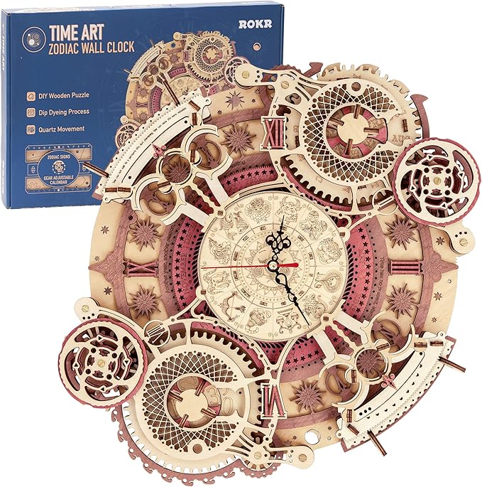 ROKR 3D Wooden Puzzles for Adults-Wooden Clock Puzzle Kit-Wood Model Kits to Build for Adults-Zodiac Wall Clock