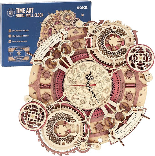 ROKR 3D Wooden Puzzles for Adults-Wooden Clock Puzzle Kit-Wood Model Kits to Build for Adults-Zodiac Wall Clock