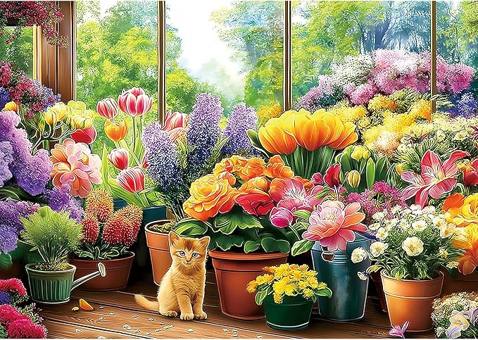 Blueforest 300 Piece Jigsaw Puzzle for Adults - Cute Kitten & Flower Garden, 17x11 Inch, Fun & Relaxing Adult Puzzles for Stress Relief