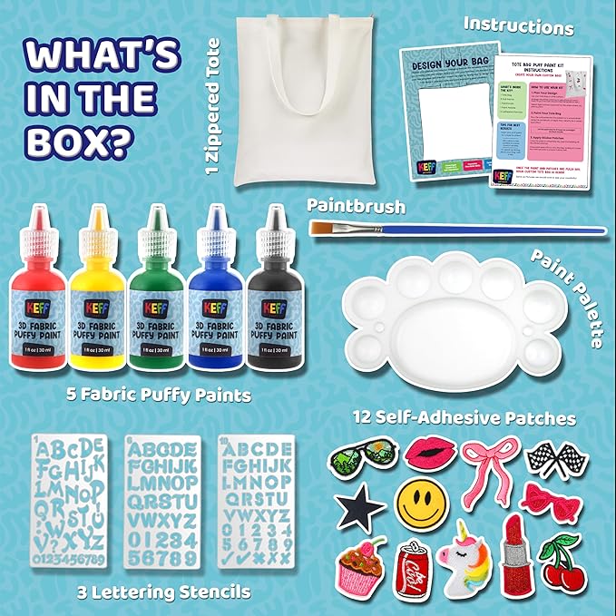 KEFF Decorate Your Own Tote Bag Kit - Crafts for Kids Ages 8-12 with Tote Bag, 12 Embroidered Patches, 5 Colors Fabric Paint (Puff Paint), Paint Brush, Palette, 3-Style Letter Stencils & Instructions