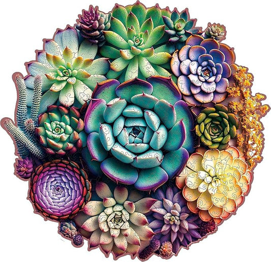 Mys Aurora Unique Wooden Jigsaw Puzzles - Mandala Succulent Plants, 500 Pcs King Size 16.9'' x 16.3'', Luxurious Shaped Wood Puzzle, Beautiful Package, Best Gift for Adults and Kids, Family Game