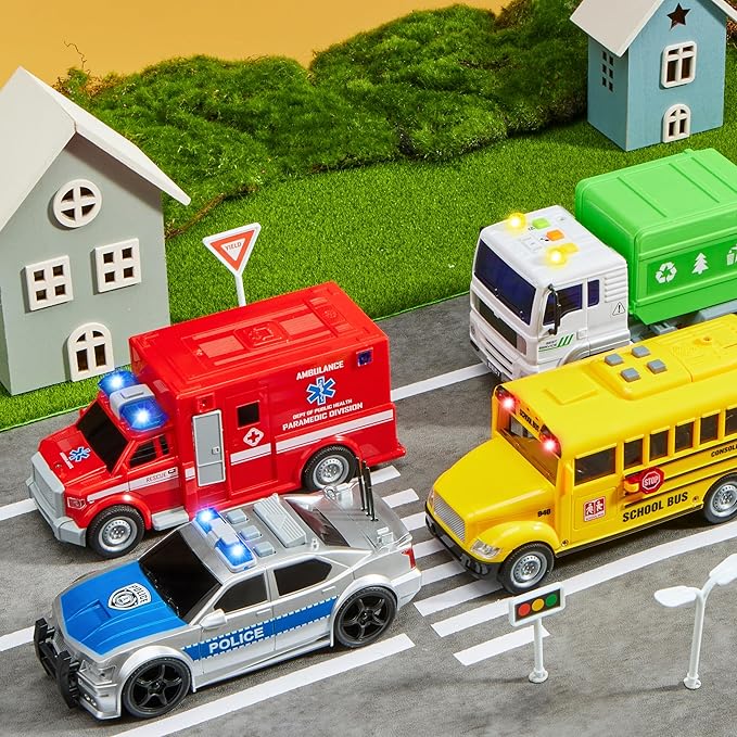 JOYIN 4 Pcs 7" Long Vehicle Toy Set, Toddlers Cars with Lights and Siren Sound, Including Play Police Car, School Bus, Garbage Truck, Ambulance, Birthday Party Gifts Toys for Boys 3-5