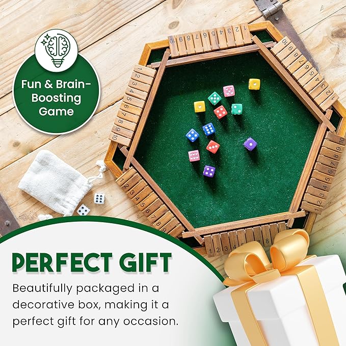 Sam & Evie 1-6 Player Shut The Box Game Wooden Close The Box Dice Game Board with Folding Tiles – Classic Family Table Game for Adults, Kids, Party, Travel, Classroom – 4 to 6 Person Play