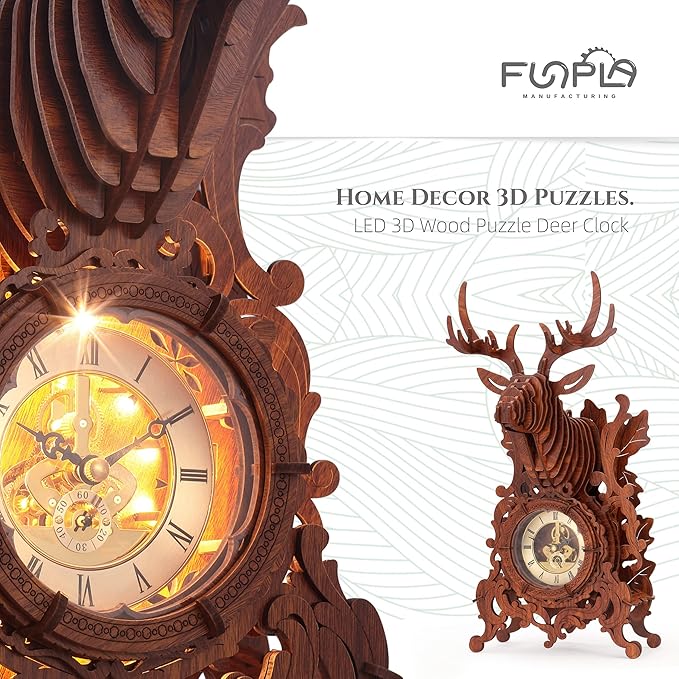 LED 3D Wood Puzzle Deer Clock, 3D Wooden Puzzle Elk Clock Building Model, Home Décor 3D Wooden Puzzle for Adults/Teens Christmas Gift(Wood, Yellow Light)