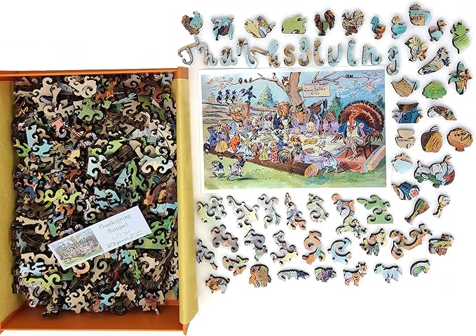 Wooden Jigsаw Puzzle for Adults - Uniquely Shaped Pieces - Made in The USA by FoxSmartBox - 373 Pieces - Thanksgiving Banquet