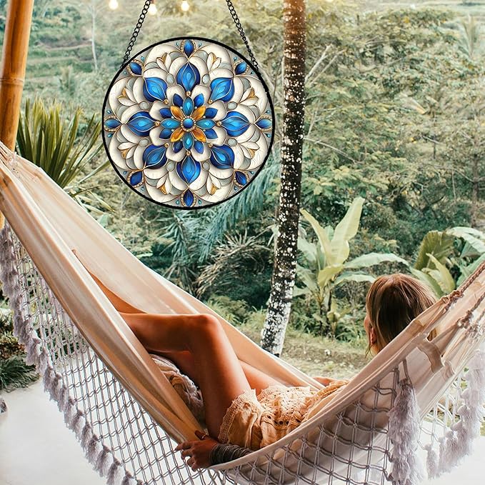 Stained Glass Window Hanging - Blue and White Abstract Flowers Suncatcher for Door Terrace Garden Home Decor, Gold Sun Catcher Birthday Gifts for Lovers Women Men Dad Mom Nana 11.8 in