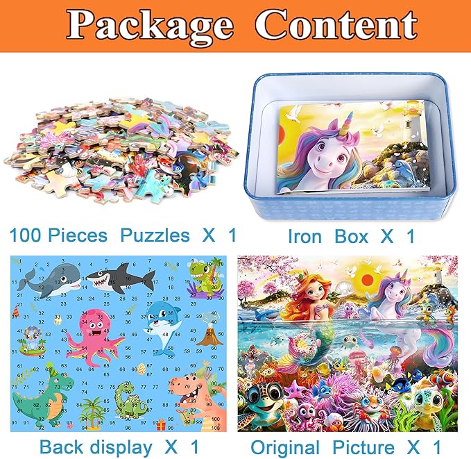 Mermaid Unicorn Puzzles for Kids Ages 4-8, 100 Pieces Jigsaw Puzzles for Kids Ages 3-5 Puzzle for Girls and Boys Learning Educational Puzzles Toys in a Metal Box