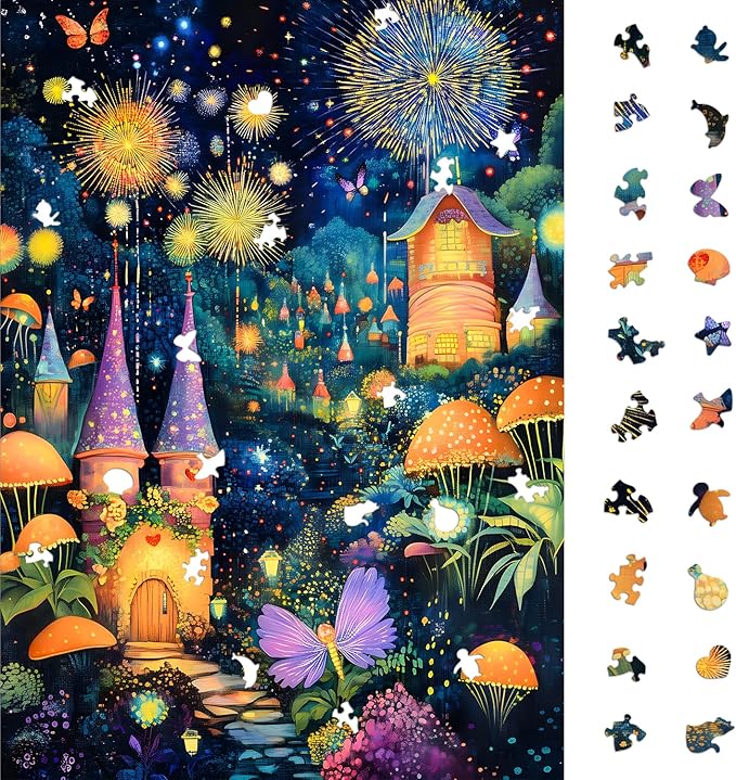 Wonderful Mushroom House Night Jigsaw Puzzles for Adults 1000 Pieces, Brain Challenging Shaped Puzzle for Game Night, Family, Friends, Size is 26.6 x 19.2