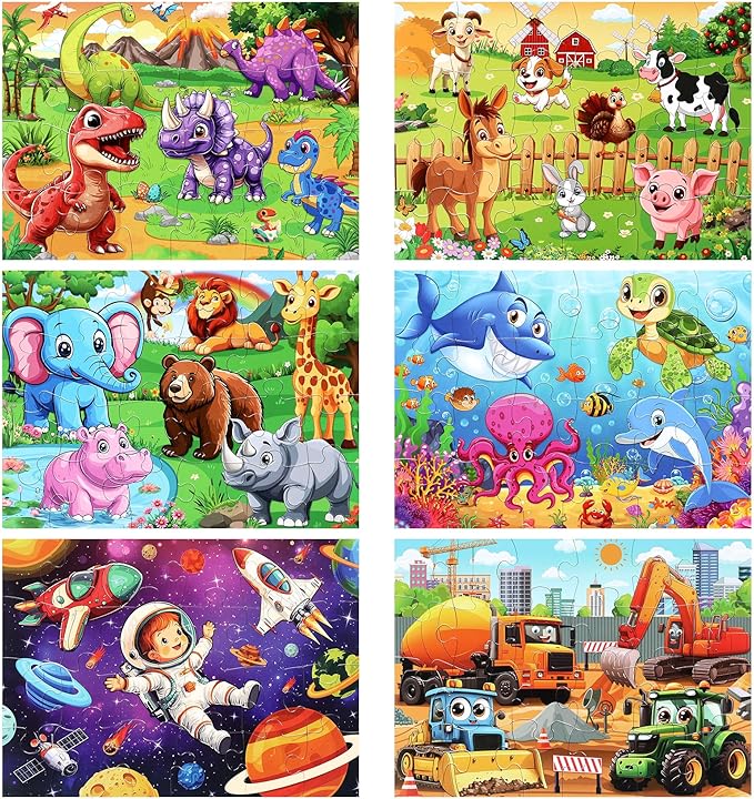 6 Packs Puzzles for Kids Ages 4-6, 24 PCS Animals Dinosaurs Farms Vehicle Ocean Space Jigsaw Puzzles for Kids Ages 3-5|4-8，Preschool Educational Puzzles Toys Gifts for 3 4 5 6 Boys Girls