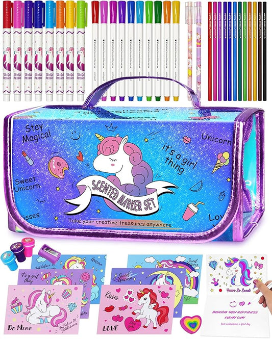 56 PCS Washable Scented Markers Set with Glitter Pencil Case, Mermaid Unicorn Arts and Crafts for kids 4-6-8 Kids Coloring Drawing Kits for 4-8 Years Old Girls Birthday Gifts