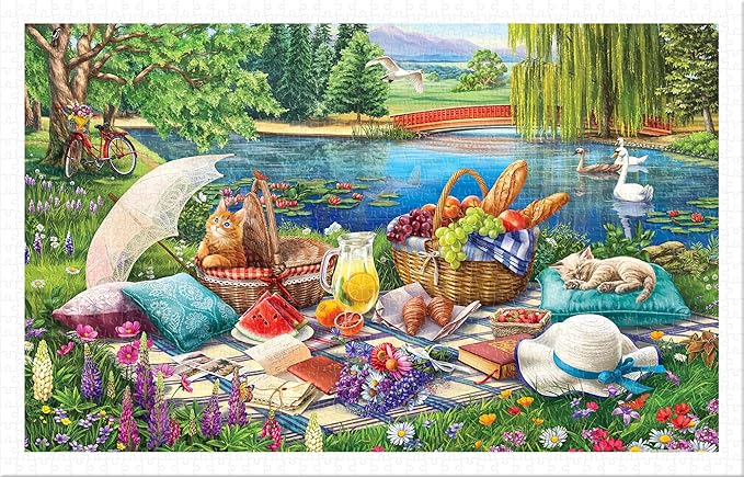 PieceRelax Plastic Jigsaw Puzzles for Adults 1000 Pieces - Image World - Kitten Picnic Most Satisfying Table Games and Gifts No Puzzle Mat Required [H3564]
