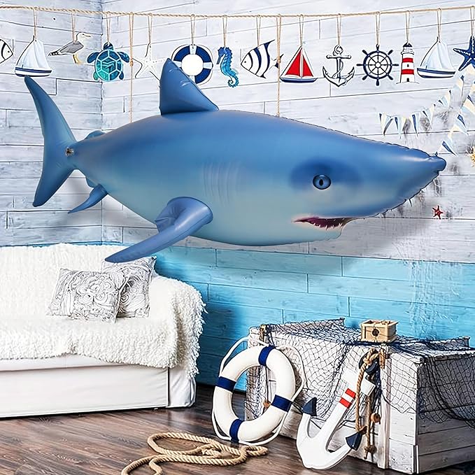 Jet Creations Inflatable Aquatic Animal Shark, Giant 82 inch Long/27 Tall, Toy for Kids 3 Year and up, Pool Float, Photo Prop, Theme Party Centerpiece, VBS, Decoration, Hangers (2) on The Back