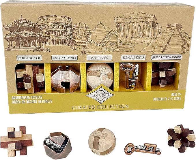 Project Genius Curated Collection Gift Set, 5 Premium Wood & Metal Puzzles, 3D Brainteaser Gift for Kids 8+, Teens, and Adults - True Genius Disassembly and Disentanglement Variety Pack