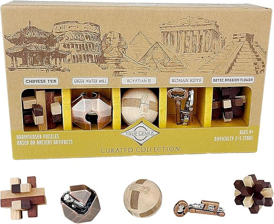 Project Genius Curated Collection Gift Set, 5 Premium Wood & Metal Puzzles, 3D Brainteaser Gift for Kids 8+, Teens, and Adults - True Genius Disassembly and Disentanglement Variety Pack