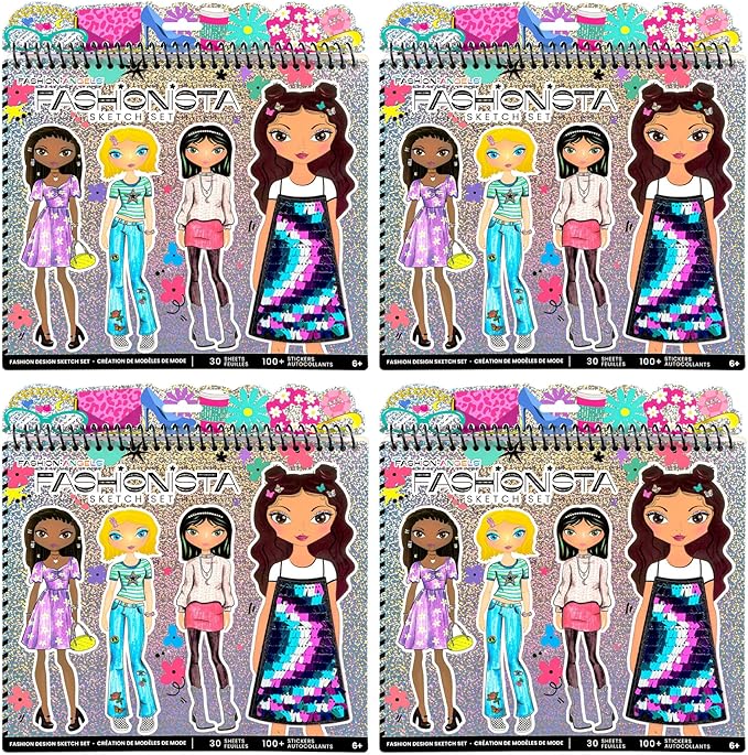 Fashion Angels Fashionista Sketch Sets Bundle, Bulk Pack of 4 Fashion Design Sketch Books, Ideal Gift & Party Favor for Girls, Kids, Tweens