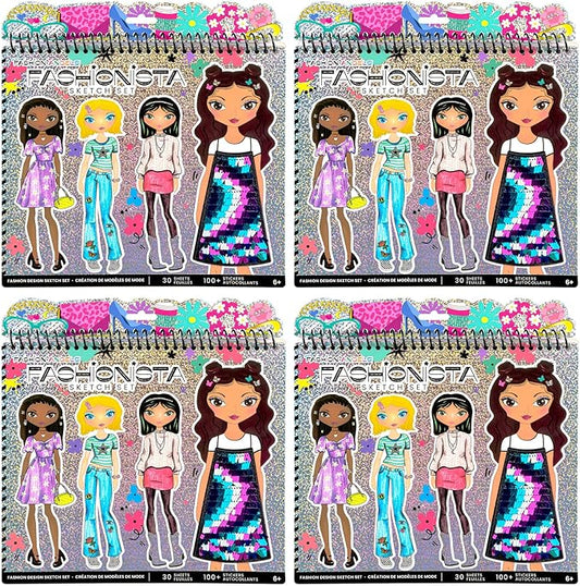 Fashion Angels Fashionista Sketch Sets Bundle, Bulk Pack of 4 Fashion Design Sketch Books, Ideal Gift & Party Favor for Girls, Kids, Tweens