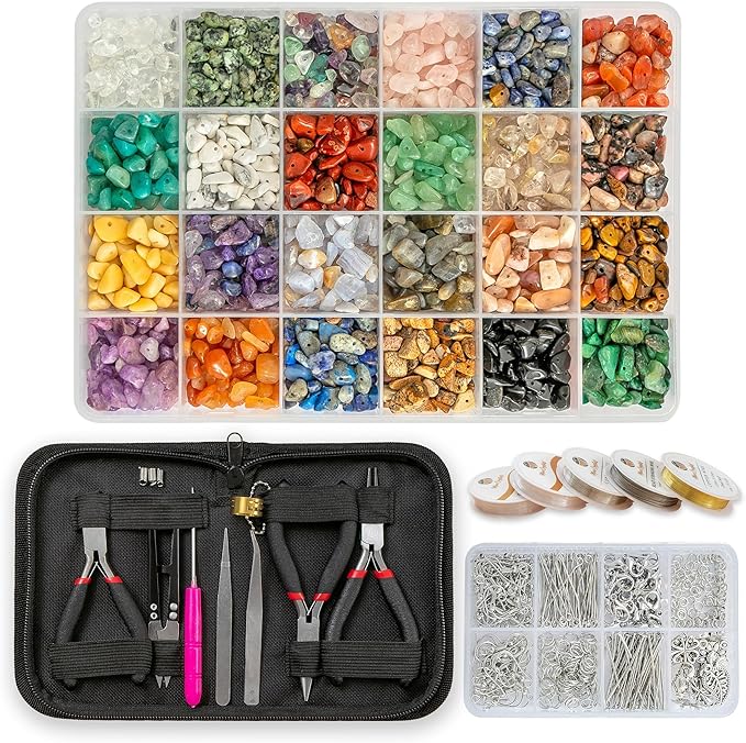 MineCrystals Jewelry Making Kit DIY Natural Crystal Chip Stones Beads Tools kit Jewelry Wires Findings Supplies Instruction Guide Gift Box for Adult Teens Craft Bracelet Earring Necklace