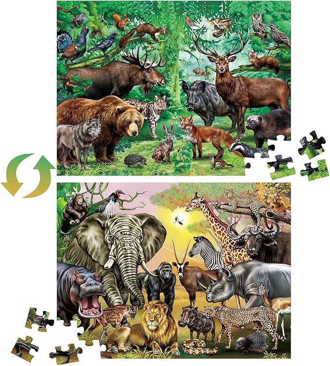 BenBen Puzzles for Kids Ages 4-6, Double Sided 100 Piece Puzzles for Kids, 2 in 1 Puzzle, Wild Animals, Learning Educational Jigsaw Puzzles Toys for Boys Girls (15.75” x 11.75”)