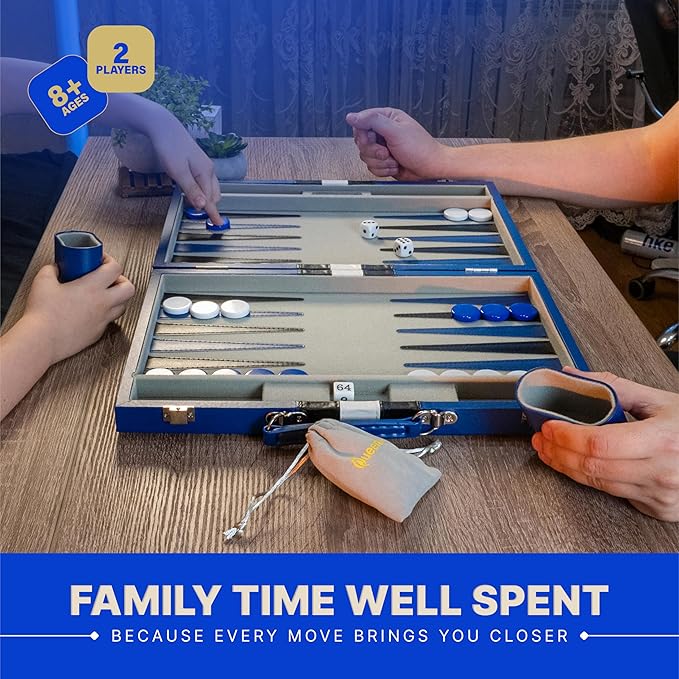 Backgammon Sets for Adults – 15-Inch PU Leather Board Game – Classic 2-Player Travel Backgammon Set with 32 Playing Pieces, Dice, and Cups