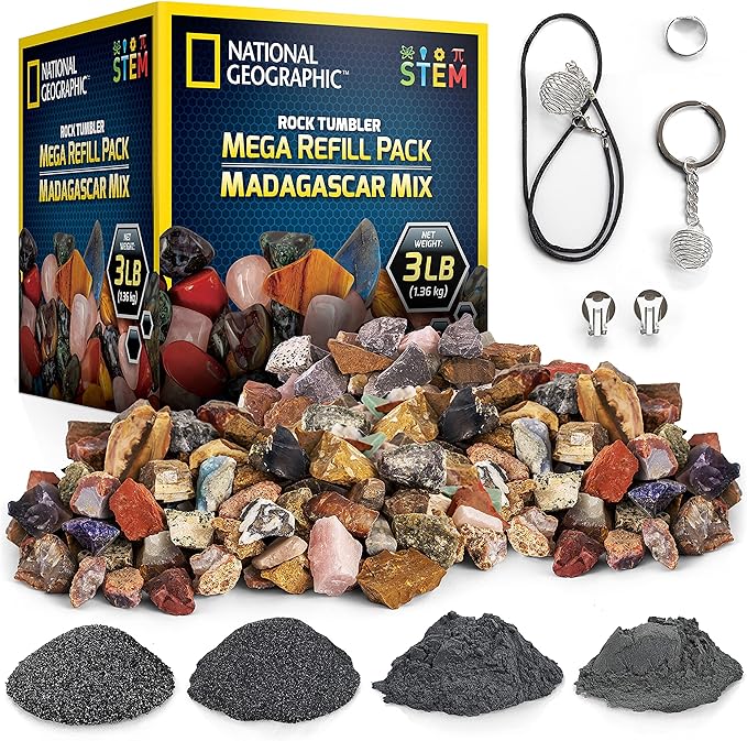 NATIONAL GEOGRAPHIC Rock Refill – Mega Madagascar Pack, 3 lb of Gemstones Including Rose Quartz, Jasper, Labradorite, & More, Tumbler Grit & Jewelry Settings