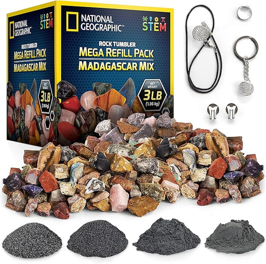 NATIONAL GEOGRAPHIC Rock Refill – Mega Madagascar Pack, 3 lb of Gemstones Including Rose Quartz, Jasper, Labradorite, & More, Tumbler Grit & Jewelry Settings