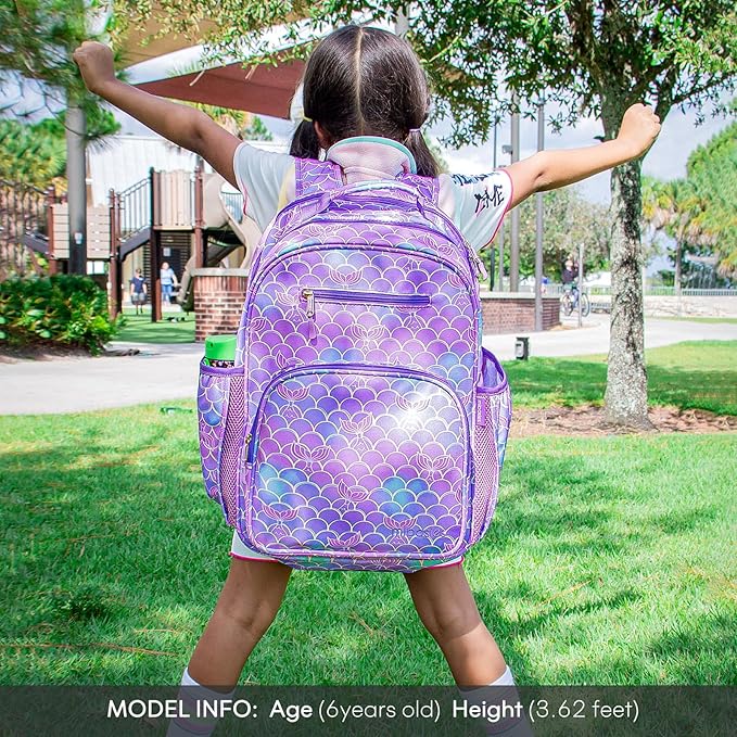 mibasies Girls Backpack: Large Kids Backpack Girls for Elementary School with Laptop Compartment - Mermaid Tail