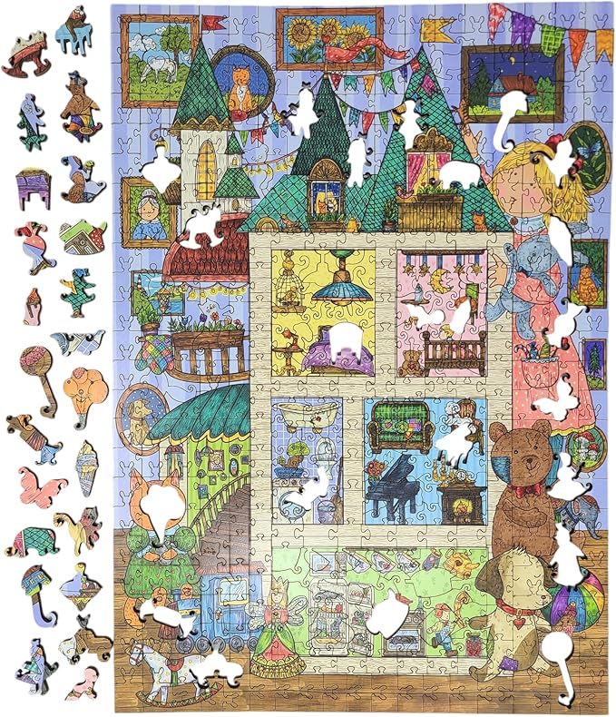 Wooden Jigsaw Puzzle for Adults - Uniquely Shaped Pieces - Made in The USA by FoxSmartBox - 440 Pieces - Amusing House