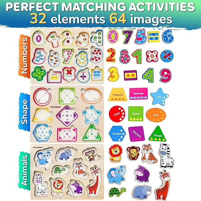 QUOKKA Toddler Puzzles Ages 2-4 – Wooden Puzzles for Kids 1-3-5 Year Old – Learning Travel Game with Numbers Animals Shapes – Wood Educational Gift for Boys and Girls