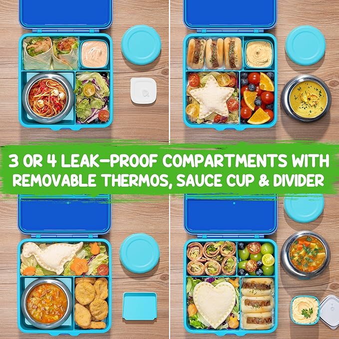 Fimibuke Bento Lunch Box for Kids Adult, 3-4 Compartment 60OZ Toddler Lunch Box Container with Leakproof 8OZ Insulated Food Jar, Sauce Jar, Utensil for School Boys Girls, BPA-Free Dishwasher Safe