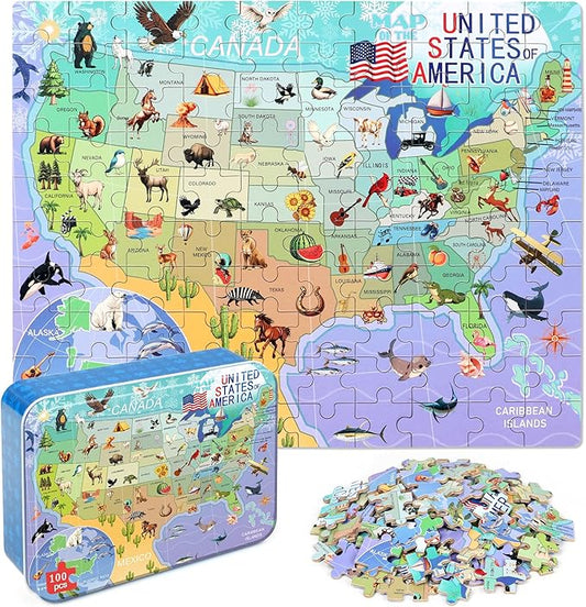 LELEMON Puzzles for Kids Ages 4-6,USA Map 100 Piece Puzzles for Kids Ages 4-8 in a Metal Box, Educational Jigsaw Puzzles 100 Piece Puzzle Games Puzzle Toys for Girls and Boys