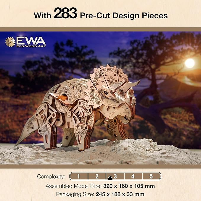 3D Wooden Puzzle - Triceratops 3D Puzzle with Wind Up Rubber Band Mechanism, Moving Legs, Head & Tail - 3D Wooden Puzzles for 15 yrs Above & Adults - Model Building Kits by Eco Wood Art, 283 Pieces