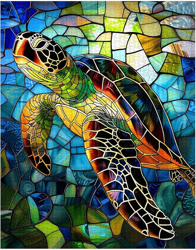 Jigsaw Puzzles 1000 Pieces for Adults-Sea Turtle Glass Style Hardboard Puzzle-Challenging Puzzle Perfect for Game Nights-DIY Home Wall Decor-Art Puzzles Colorful Stained Glass Sea Turtle 27" x 20"