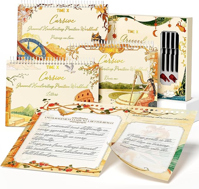 TIME X Grooved Cursive Handwriting Workbook Kit - Cursive Handwriting Workbook for Kids 8-12 and Adults - 3Pcs Magic Reusable Handwriting Workbook with Detachable Quote Postcards - 12.6"x10.6"