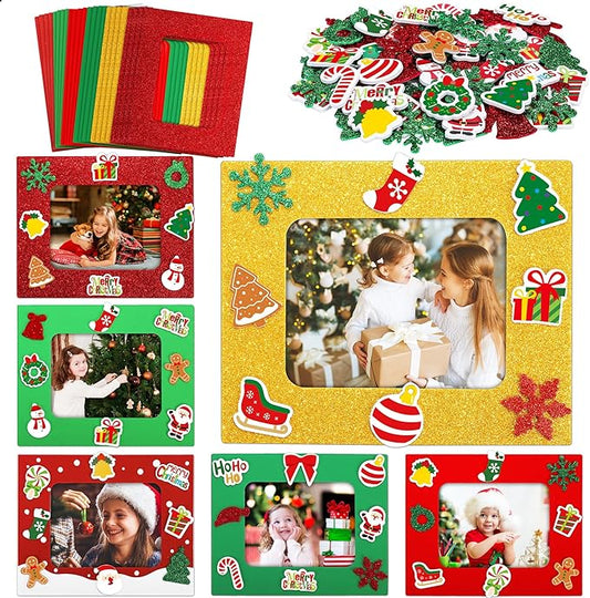 Fovths 24 Packs Christmas Foam Picture Frame Kits DIY Christmas Frame Crafts Picture Craft with 300 Self Adhesive Stickers for Xmas Party Favors Birthday Home Decor