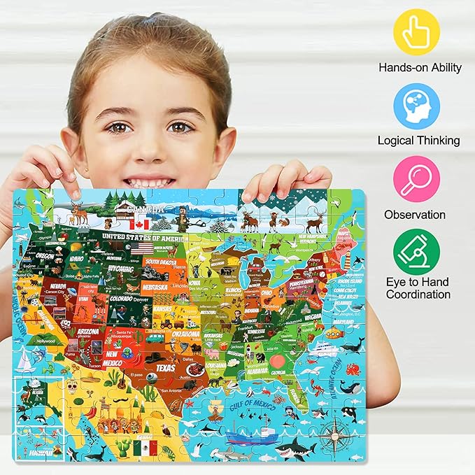 LELEMON United States Puzzles for Kids Ages 4-8,100 Pieces USA Animal Map Jigsaw Puzzles in a Metal Box,Fun America Map Learning Educational Toys for Boys Girls