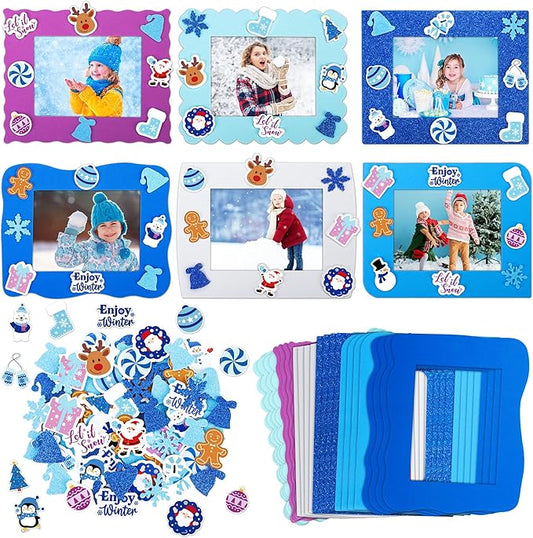 Fovths 24 Packs Winter Foam Picture Frame Kits DIY Winter Snowflake Frame Crafts Picture Craft with 300 Self Adhesive Stickers for Xmas Party Favors Birthday Home Decor