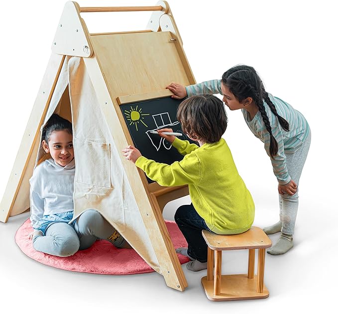 Avenlur Oak Foldable Triangle Climber 5 in 1 Kids Playhouse Hideaway Montessori Learning Play Tent, Desk, Chair Stool, Art Easel, Chalkboard, Teepee Climbing, Crawling Tunnel Toy Toddler Playset