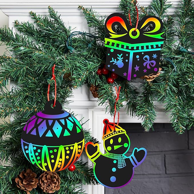 JOYIN 120 Pcs Christmas Scratch Art Ornaments, Rainbow Color Scratch Paper Craft Kit, Christmas Hanging Ornament, Scratch Off DIY Arts & Crafts Kit for Kids, Holiday Crafts Party Favor