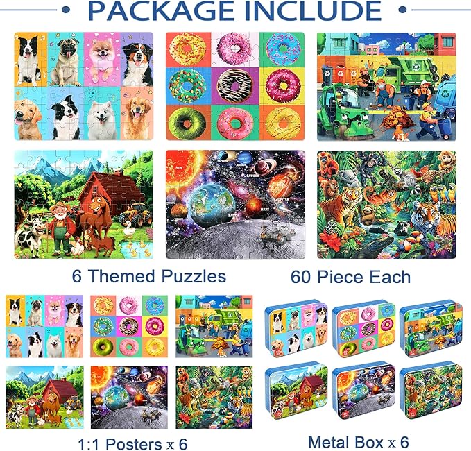 LELEMON Puzzles for Kids Ages 4-6,6 Pack 60 Piece Puzzles for Kids Ages 4-8 in a Metal Box,Educational Jigsaw Puzzles Puzzle Games Puzzle Toys for Girls and Boys